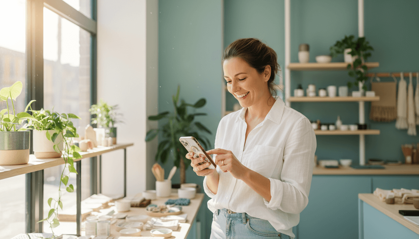 Small business owner reviewing social media content on a phone in a bright local shop