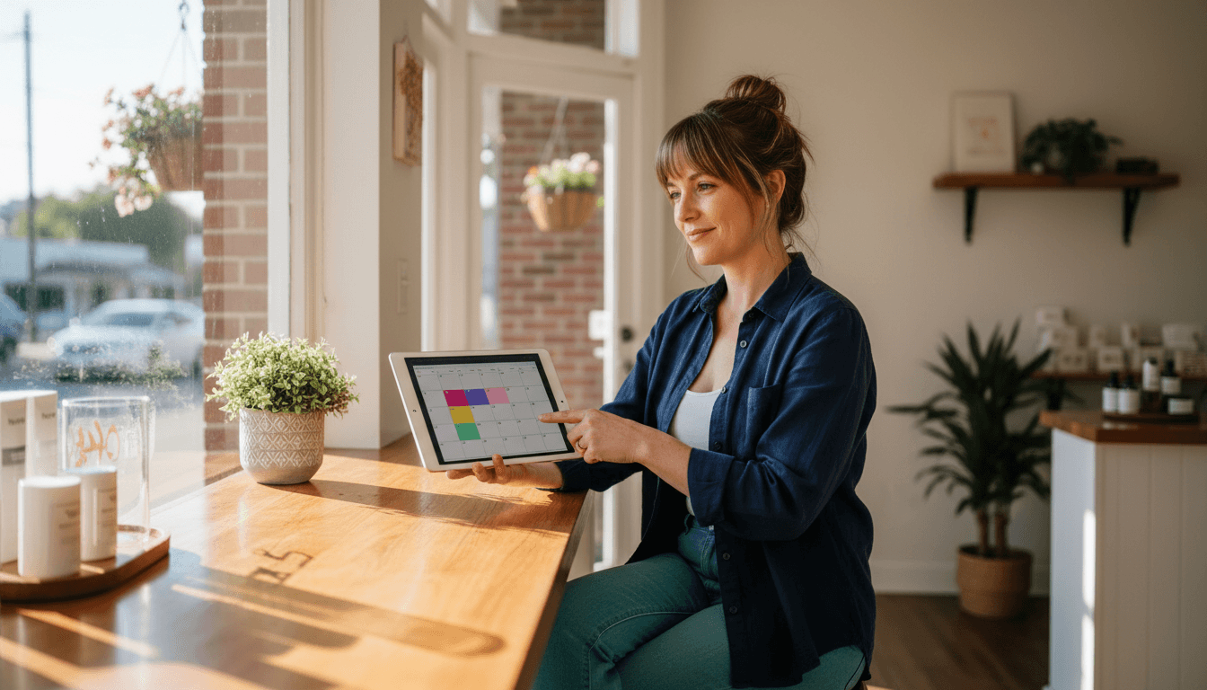 Small business owner reviewing social media plans on a tablet in their local shop
