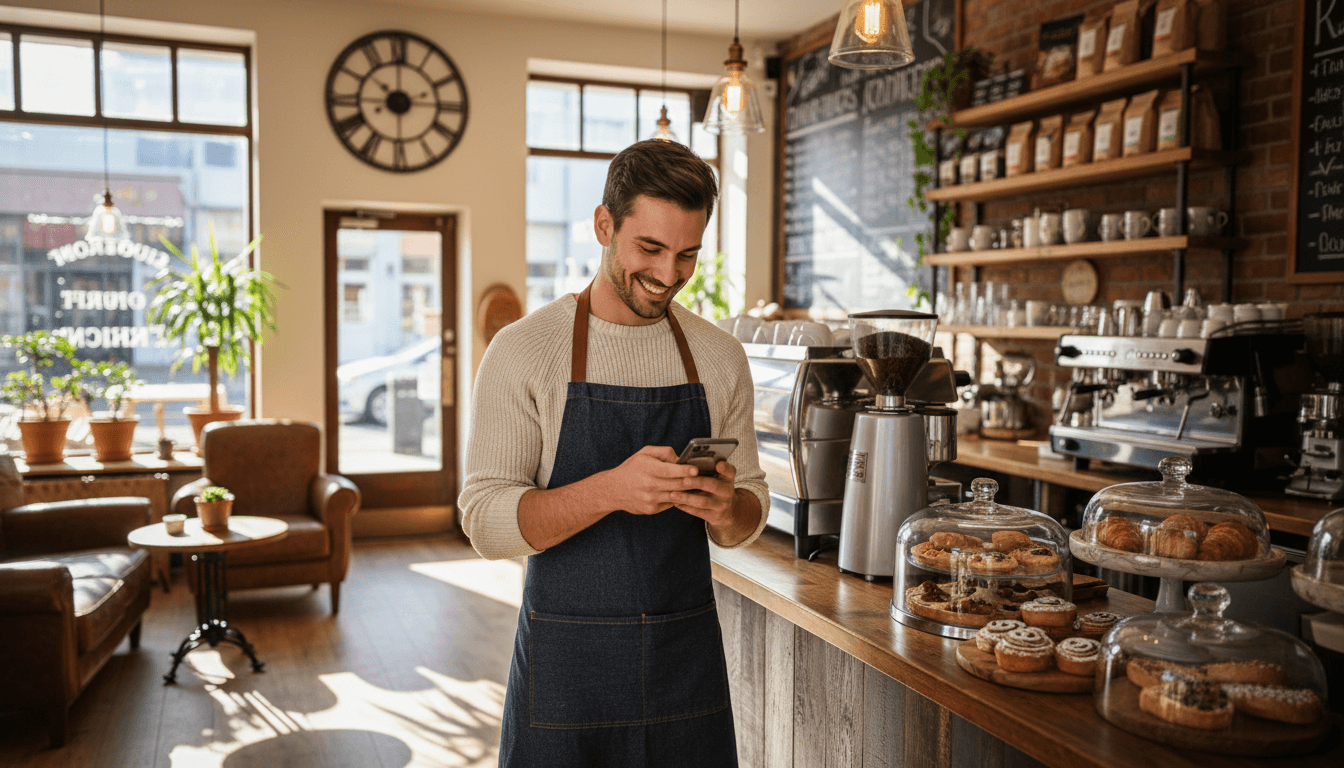 Small business owner viewing a colorful social media feed on a smartphone in a bright coffee shop
