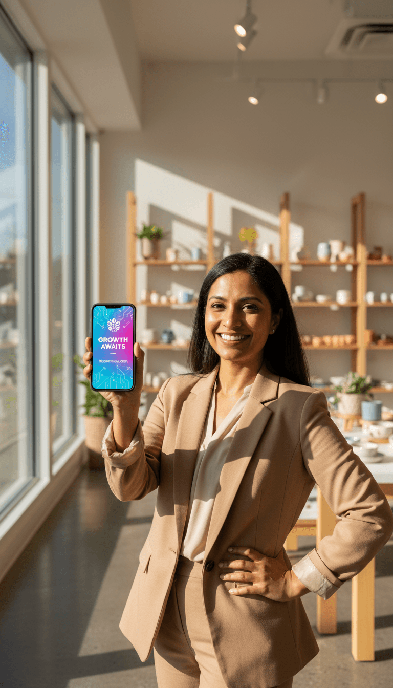 Small business owner smiling while looking at social media posts on their phone in their shop