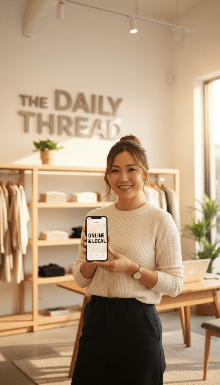 Small business owner smiling while reviewing social media content on her phone in a cozy Redlands coffee shop